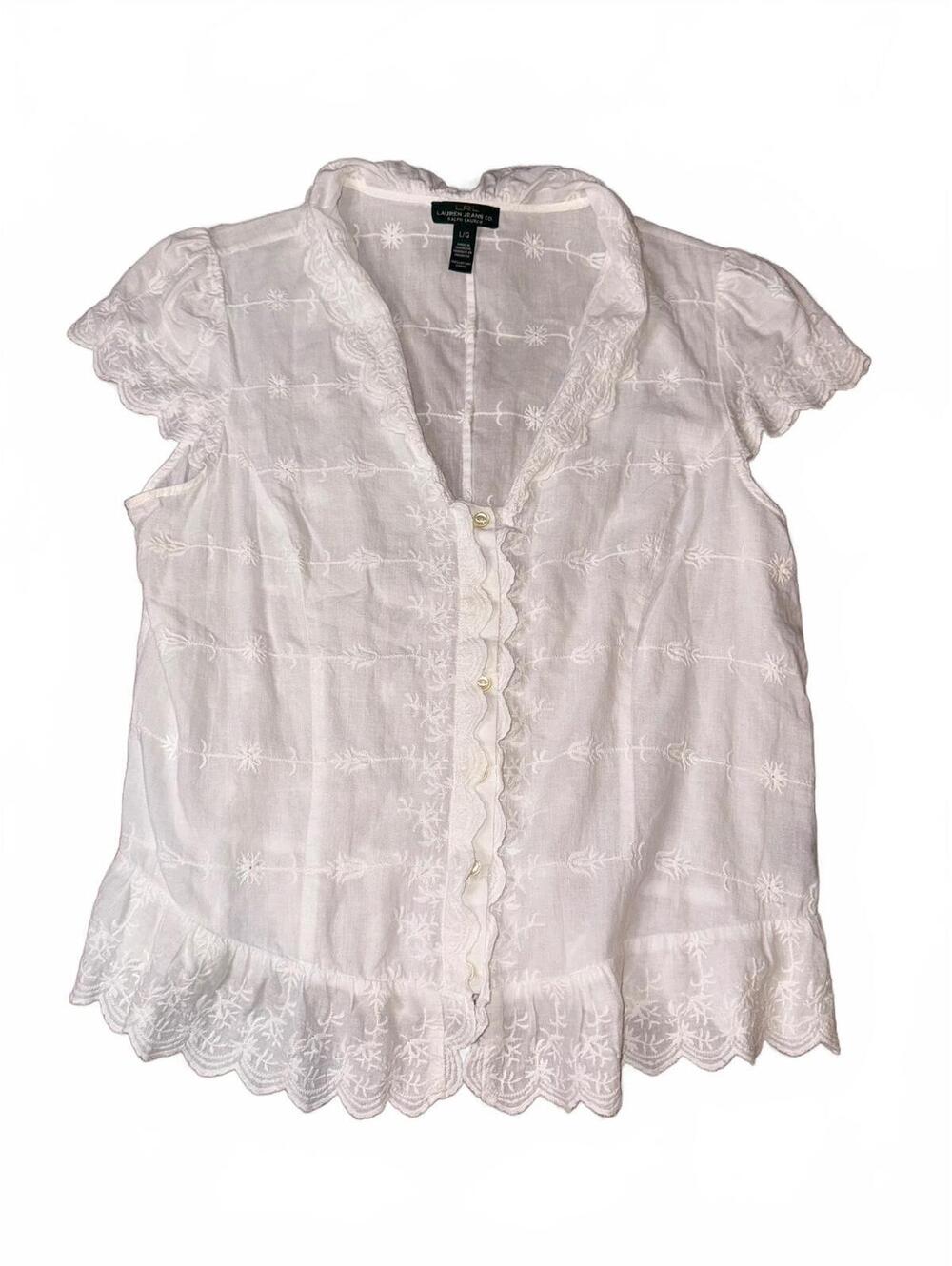 Lauren Jeans Co Ralph Lauren White Embroidered Ruffle Blouse Women’s Large
